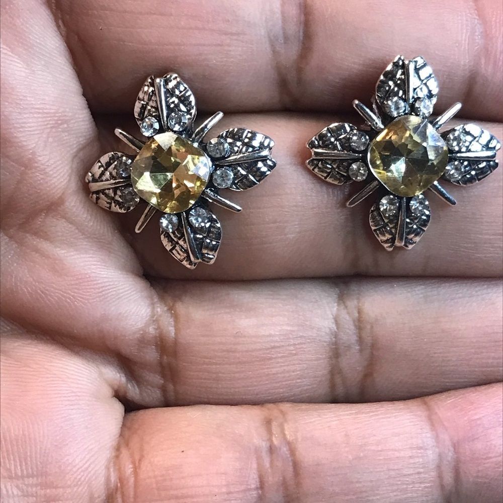 Vintage Rhinestone Silver and Yellow Floral Flower Earrings